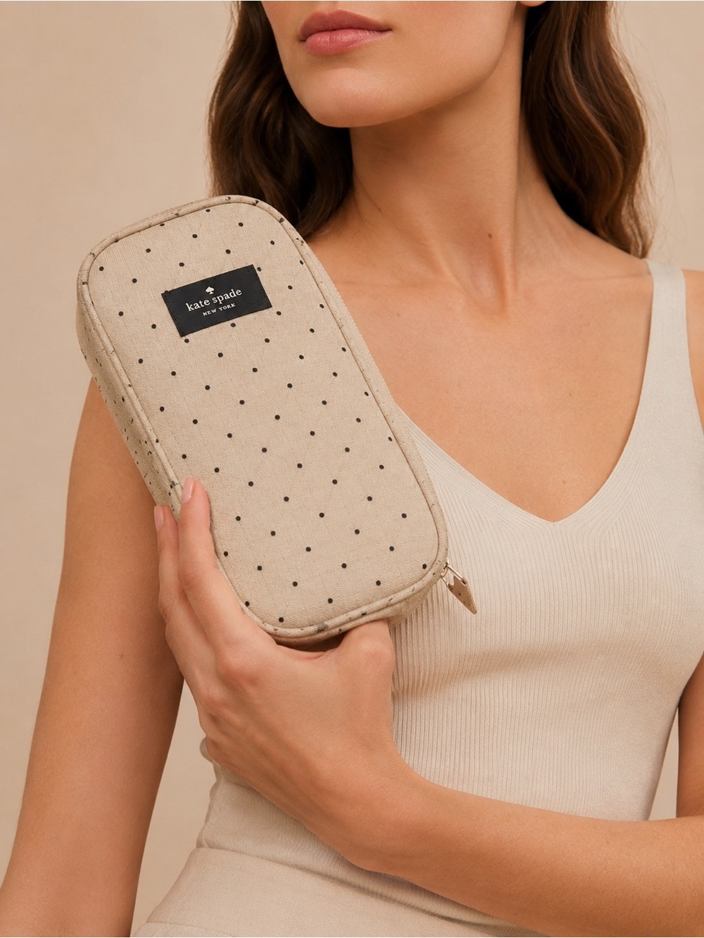 kate spade Beige Polka-Dot Cosmetic Pouch with Black Dots